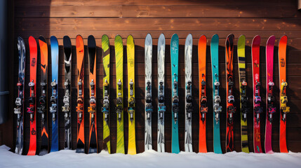 Colorful ski racks lined up against wooden wall