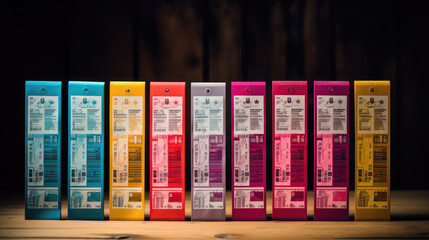 Vivid ski resort lift tickets on wooden counter