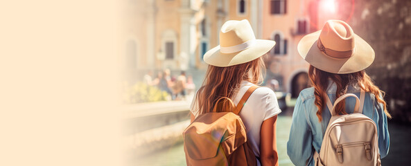 Tour operator, travel agency and tourism banner. Beautiful young women seeing the sights in an European city. Two female friends tourists wearing hats and backpacks travel around Europe. Copy space