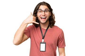 Young handsome man with ID card over isolated background making phone gesture. Call me back sign