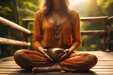 Portrait of Female yoga teacher playing tibetan bowl or singing bell on a wooden bridge on nature at yoga retreat, close up on hands. generative ai.