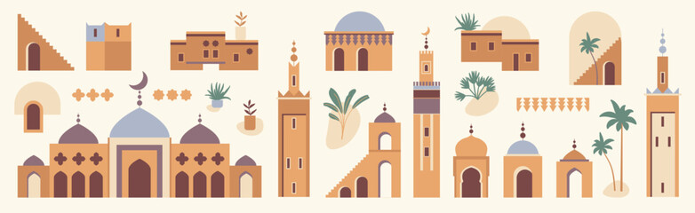 Architecture vector set. Morocco inspired flat illustration with mosque, tower, house, plants, palm trees. Graphic collection of earthy colored buildings clip art. Abstract Moghul design template - 688503132