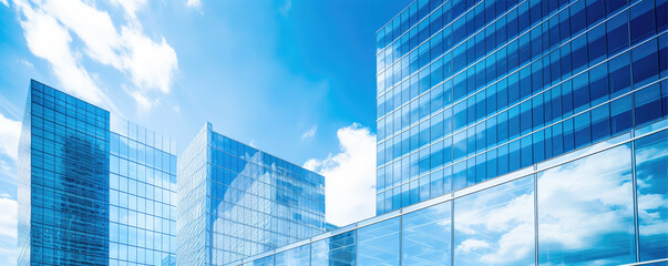 Blue glass on windows against blue sky. Skyscraper reflecting