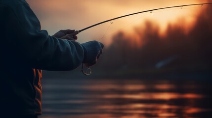 釣り竿を振り上げる男性と夕暮れの景色