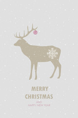 Vector Christmas and New Year greeting card with deers and snowflakes.
