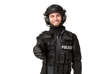 SWAT over isolated chroma key background shaking hands for closing a good deal
