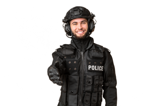 SWAT over isolated chroma key background shaking hands for closing a good deal