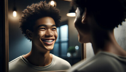 African American boy in braces looks at his reflection in the mirror. Young black man smile with tooth brace.  - obrazy, fototapety, plakaty