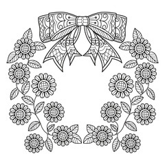 Wreath sunflower and ribbon hand drawn for adult coloring book