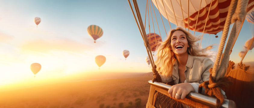 Hot air balloon flight banner. Happy young beautiful woman has unforgettable experience during the hot air balloon flight at sunset over fairytale landscape. Copy space. Dreams come true, happiness