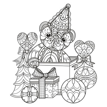 Teddy bear in gift box hand drawn for adult coloring book