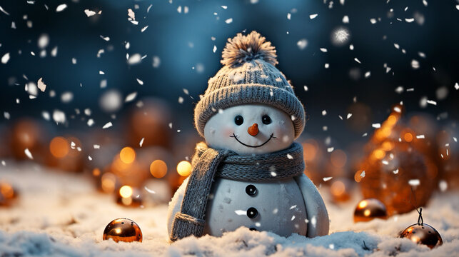 snowman in the snow with snowflakes