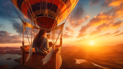 Woman enjoying view from hot air balloon during flight over beautiful landscape at sunset. Themes adventure, freedom and travel. Dreams come true, happiness, success concept - obrazy, fototapety, plakaty
