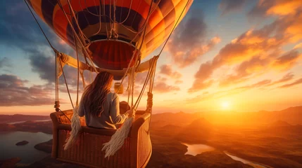 Schilderijen op glas Woman enjoying view from hot air balloon during flight over beautiful landscape at sunset. Themes adventure, freedom and travel. Dreams come true, happiness, success concept © Dina Photo Stories