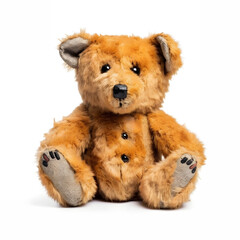 Bear toy made of fur, mad crazy single crooked waste ugly defective, raw, ragged, isolated on white background