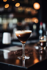 close up of a glass of esspresso martini with blurred Bartender and bar in the back with empty copy space	