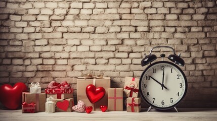 Red Brick Wall with a Shopping Cart full of valentine day shopping red heart and a clock and many...