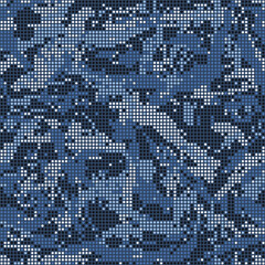 Halftone digital navy camouflage.  LED screen pattern in dark blue tones, camo grid, polka dot background. Seamless vector texture - obrazy, fototapety, plakaty