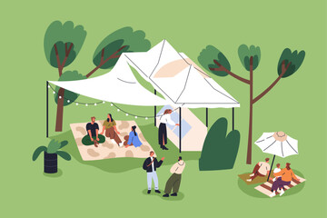 Obraz na płótnie Canvas Tiny people relaxing in park at weekend. Characters on blankets, lawn, resting under tents, sheds on holiday open-air festival. Outdoor recreation, summer leisure in nature. Flat vector illustration
