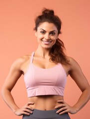 Obraz premium Charming, confident and attractive fitness woman trainer, professional 3/4 body photo, solid bright color background