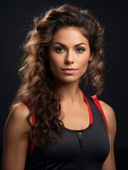 Charming, confident and attractive fitness woman trainer, professional close up portrait photo, studio background