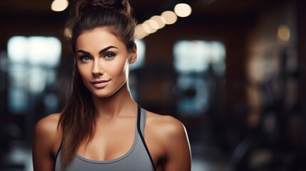 Charming, confident and attractive fitness woman trainer, professional close up portrait photo,...
