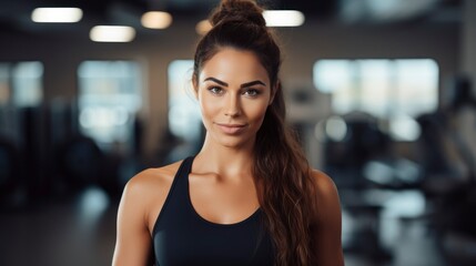 Charming, confident and attractive fitness woman trainer, professional close up portrait photo, blurred gym background, banner with free space for text - obrazy, fototapety, plakaty