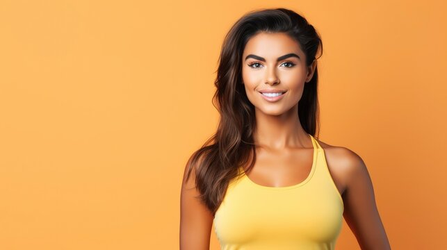 Charming, confident and attractive fitness woman trainer, professional close up portrait photo, solid bright color background, banner with free space for text