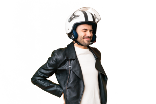 Young caucasian man with a motorcycle helmet over isolated chroma key background suffering from backache for having made an effort