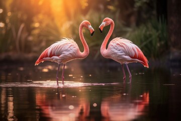 Two flamingos standing in a body of water. Generative AI.