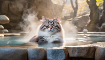 Cat enjoying vacation and relaxing in hot springs