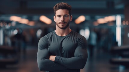 Confident handsome man fitness trainer in sportswear, professional close up portrait photo, blurred gym background, banner with copy space - obrazy, fototapety, plakaty