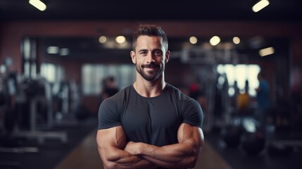 Confident handsome man fitness trainer in sportswear, professional close up portrait photo, blurred...