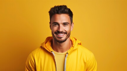 Confident handsome man fitness trainer in sportswear, professional close up portrait photo, solid...