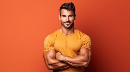 Fototapeta premium Confident handsome muscular man trainer, professional close up portrait photo, solid bright color background, banner with free space for text