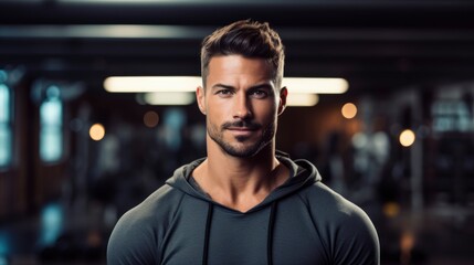 Confident handsome stylish man fitness trainer, professional close up portrait photo, blurred gym...