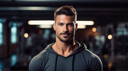 Fotobehang Fitness Confident handsome stylish man fitness trainer, professional close up portrait photo, blurred gym background, blank space for text