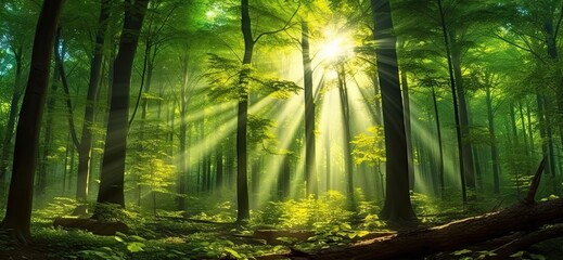 Enchanted forest. Sunlight filtering through green foliage tree on misty morning. Sunny woodland haven. Beams of light illuminate lush