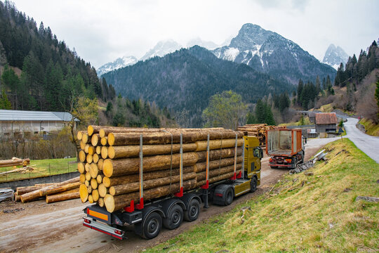 A flatbed truck loaded with timber and an empty container truck at a saw mill yard near the village of Forni Avoltri in Carnia, Udine Province, Friuli-Venezia Giulia, north east Italy