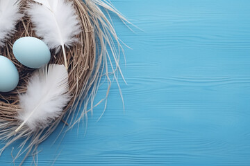 Easter Eggs and Feathers in Nest on Blue Wooden Background - Minimal Concept - Created with Generative AI Tools