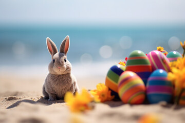 Cute Rabbit Toy and Colorful Painted Easter Eggs at the Beach Under Sunshine - Festive Easter Scene - Created with Generative AI Tools