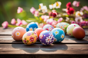 Colorful Easter Eggs Decorated with Flowers on Wooden Pathway in Vintage Style - Festive Spring Arrangement - Created with Generative AI Tools