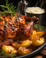 Delicious roasted chicken with tomatoes on the table in the kitchen. Concept creative food wallpaper.