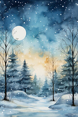 Christmas winter night landscape with snow. Magic of New year atmosphere 