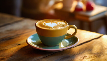 Obraz premium Coffee cup and wooden table prepared for Valentine's Day concept