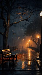 Fototapeta na wymiar Streetlight with park bench at night and rainy weather