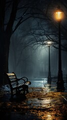 Streetlight with park bench at night and rainy weather - obrazy, fototapety, plakaty