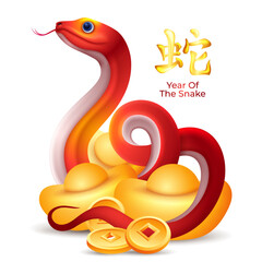 Snake Chinese Zodiac Sign, Symbol of Chinese  new year 2025 with golden ingots, and coins 