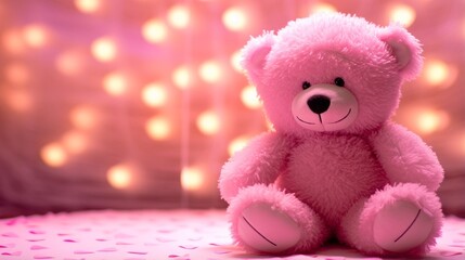 Fototapeta premium pink teddy bear on cozy lights background for valentine day generated by AI tool