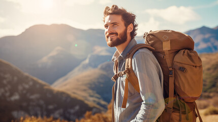 A handsome smiling man hiking in the mountains in the vacation trip weekend. Enjoying walking in the beautiful nature landscape. Trekking, tourism, active lifestyle. - obrazy, fototapety, plakaty
